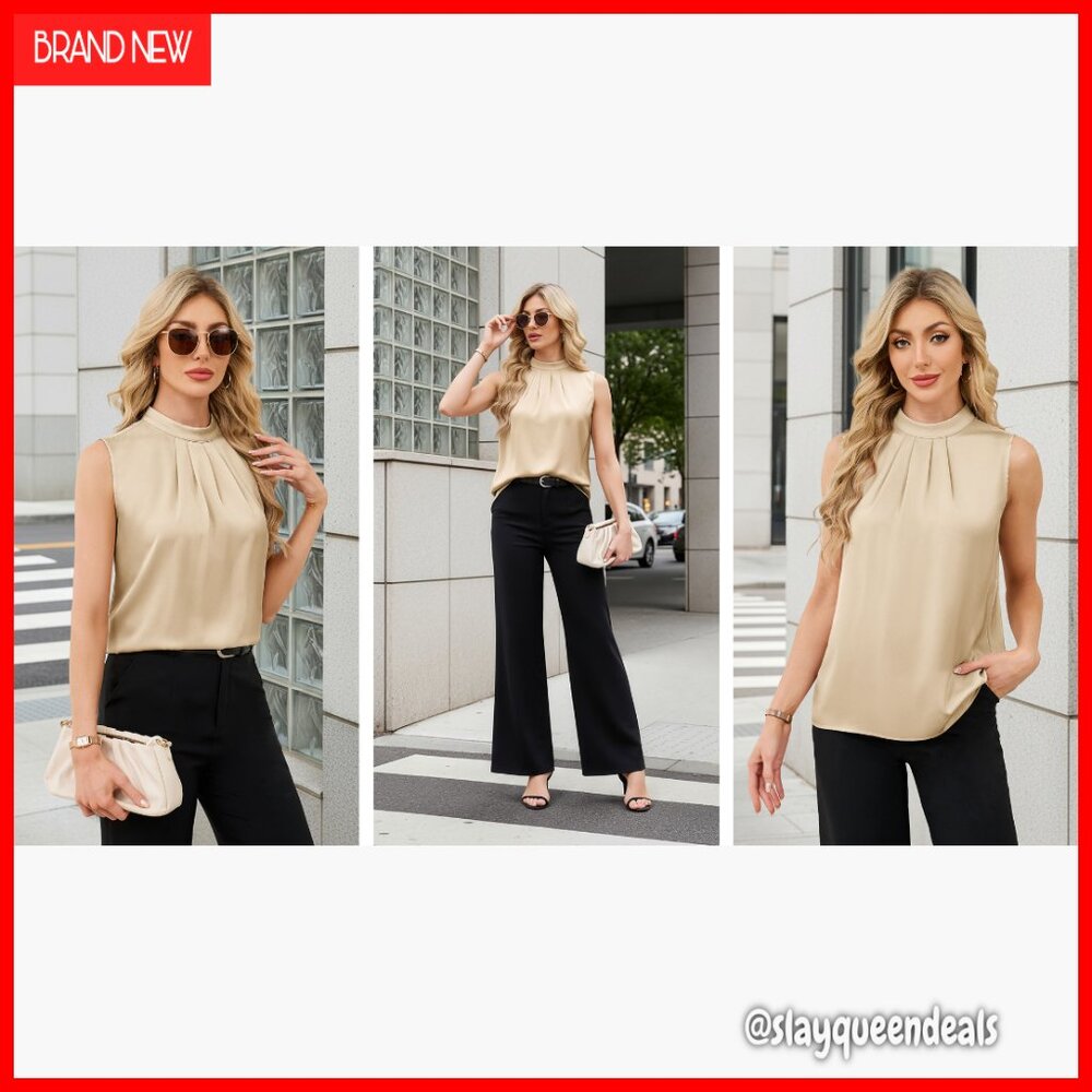Silk Satin Pleated Mock Neck Tank Top Blouse Business Casual - Picture 7 of 7
